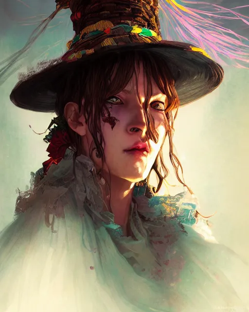 Image similar to portrait of a village witch, beautiful, fantasy, colorful, cinematic lighting, artstation, trending, highly detailed, focus, smooth, by hirohiko araki and yoshitaka amano