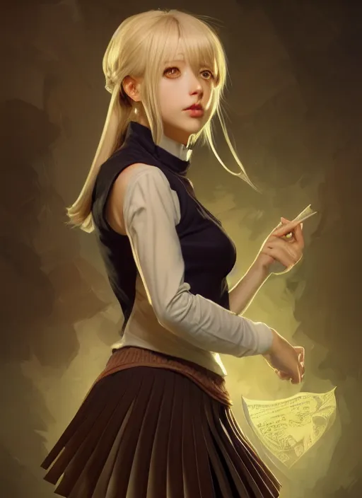 Image similar to portrait of a full body of beautiful young female detective, d & d, sleeveless turtleneck, pleated skirt, fantasy, flat lighting, intricate, highly detailed, digital painting, artstation, concept art, smooth, sharp focus, illustration, misa amane, art by simon bisley and greg rutkowski and alphonse mucha, natural tpose