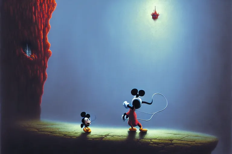 Image similar to life of a mickey mouse, scene features mickey mouse, by zdzislaw beksinski, by dariusz zawadzki, by wayne barlowe, gothic, surrealism, cosmic horror, lovecraftian, cold hue's, warm tone gradient background, concept art, beautiful composition