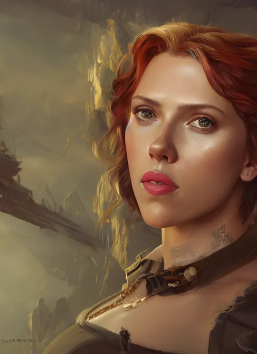 Image similar to portrait of scarlett johansson as a pirate, hyper detailed, digital art, trending in artstation, cinematic lighting, studio quality, smooth render, unreal engine 5 rendered, octane rendered, art style by klimt and nixeu and ian sprigger and wlop and krenz cushart.