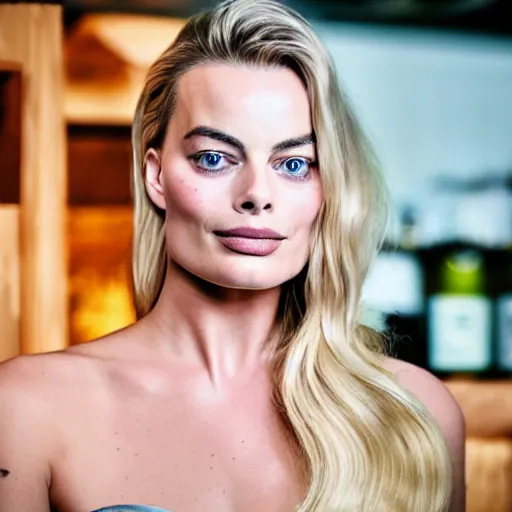 Prompt: margot robbie as a liquid, professional food photography