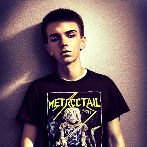 Image similar to portrait of modern teenage boy in a metallica t - shirt painting warhammer 4 0 k figurines, depth of field, zeiss lens, detailed, centered, fashion photoshoot, by nicoletta ceccoli, mark ryden, lostfish, breathtaking, 8 k resolution, extremely detailed, beautiful, establishing shot, artistic, hyperrealistic, octane render