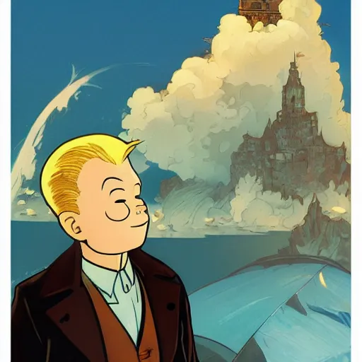 Prompt: Tintin and Haddock goes into an adventure. Elegant, intricate, digital painting, artstation, concept art, smooth, sharp focus, illustration, art by artgerm and greg rutkowski and alphonse mucha