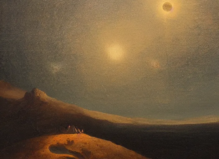 Prompt: mare tranquillitatis on the moon, earth in the background in the style of hudson river school of art, oil on canvas