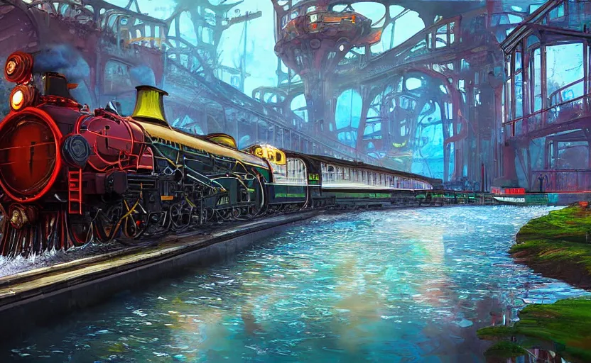 Image similar to A steam locomotive rides inside of a waterway on a fantasy city. Fantasy and concept art, colorful digital painting, unreal engine.