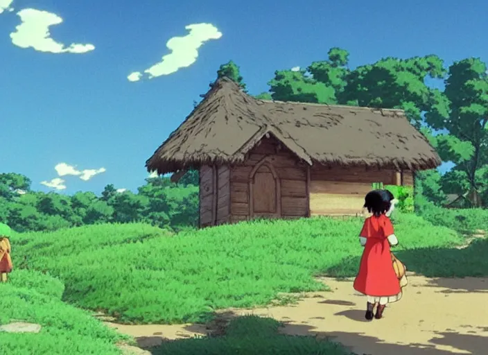 Image similar to a happy little village from kikis delivery service, wide shot, peaceful and serene, incredible perspective, anime scenery by Makoto Shinkai and studio ghibli, very detailed