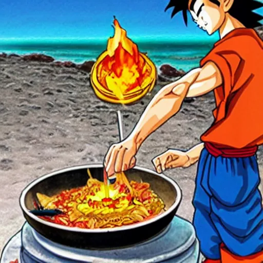 Prompt: son goku cooking a paella on the beach by akira toriyama