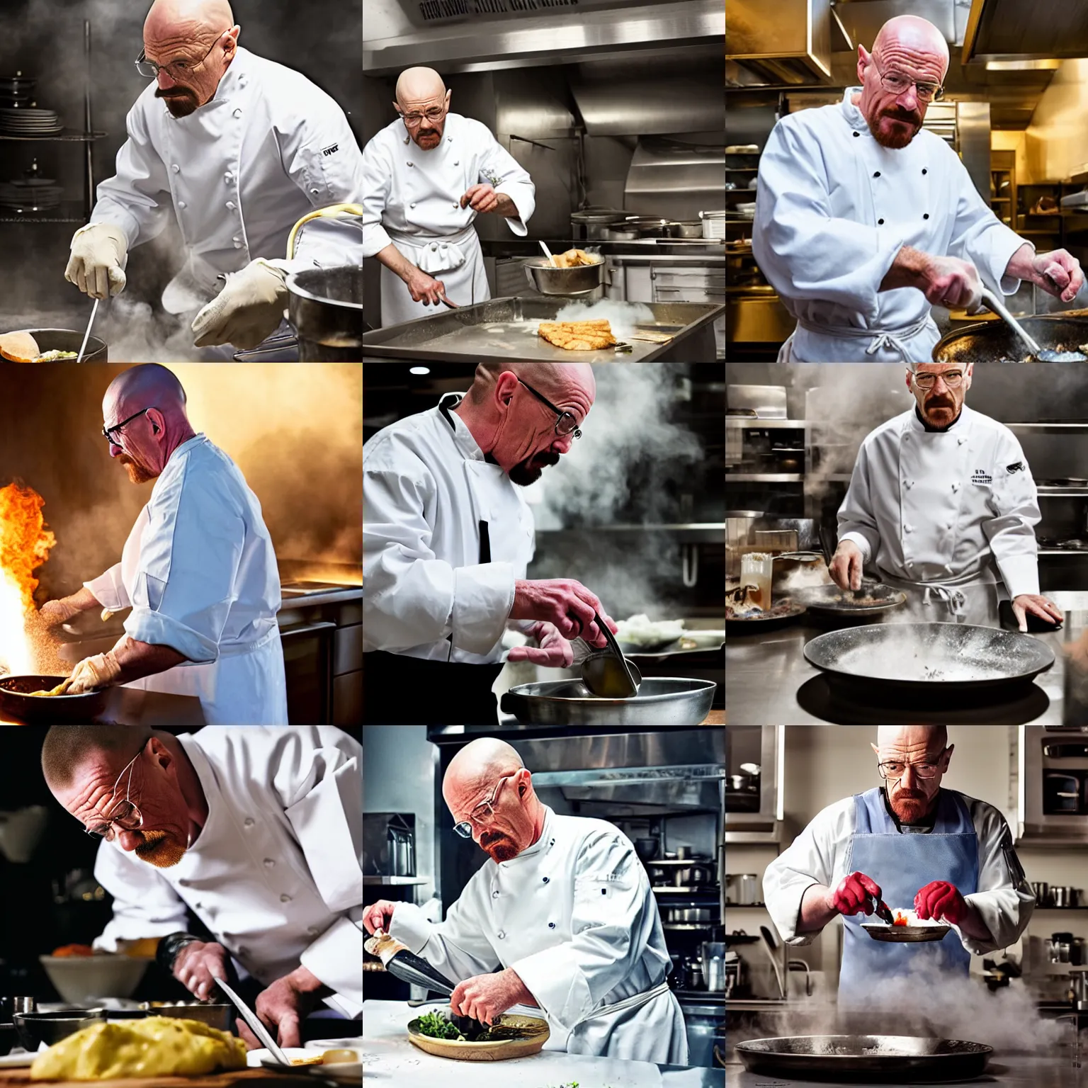 Prompt: walter white cooking in a michelin star restaurant, professional photography