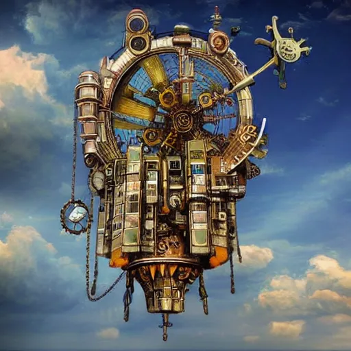 Image similar to flying city in a mechanical flower, sky!, fantasy art, steampunk, masterpiece