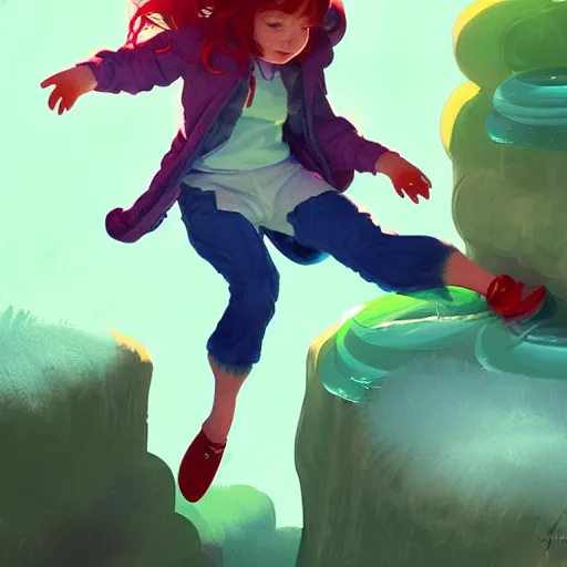 Image similar to madeline from celeste jumping to a green jelly bubble, ( ( ( blue bubble jacket ) ) ) ( ( ( red long hair ) ) ), highly detailed, digital painting, artstation, concept art, sharp focus, illustration, art by greg rutkowski and alphonse mucha