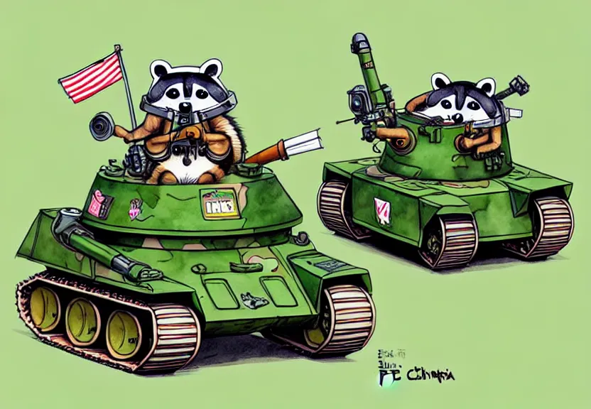 Image similar to cute and funny, racoon wearing army helmet riding in a tiny tank with large cannon, ratfink style by ed roth, centered award winning watercolor pen illustration, isometric illustration by chihiro iwasaki, edited by range murata