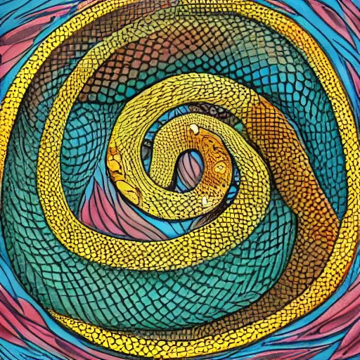 Image similar to ouroboros snake biting its own tail in a circle, tinted colours, highly detailed scales and head, painting in the style of Mark Grotjahn,