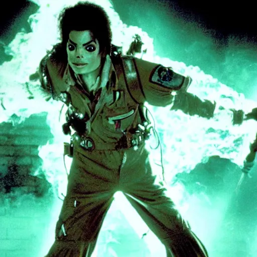 Image similar to stunning awe inspiring michael jackson with a highly detailed face as a ghostbuster in the movie ghostbusters, movie still 8 k hdr atmospheric lighting