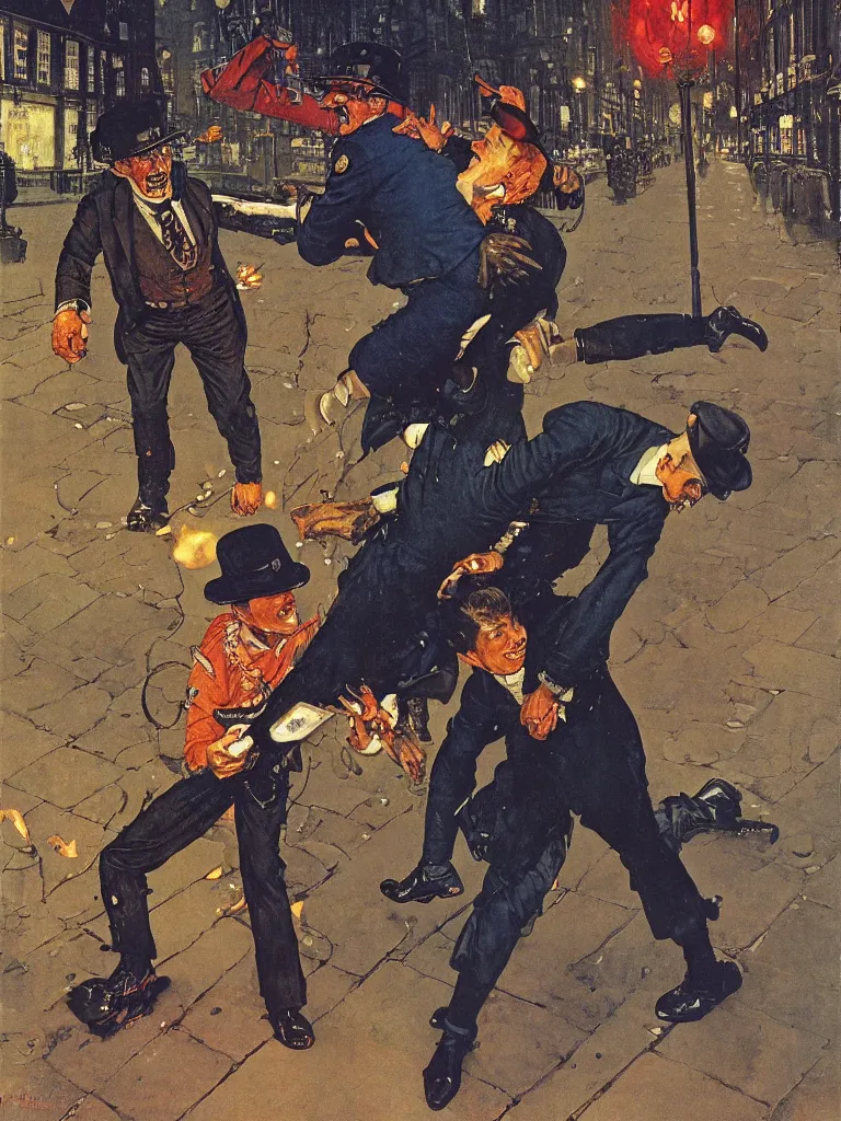 Prompt: spring heeled jack belches blue flame into the face of a victorian policeman on the nighttime streets of London, norman rockwell, jim beckner, michael alford