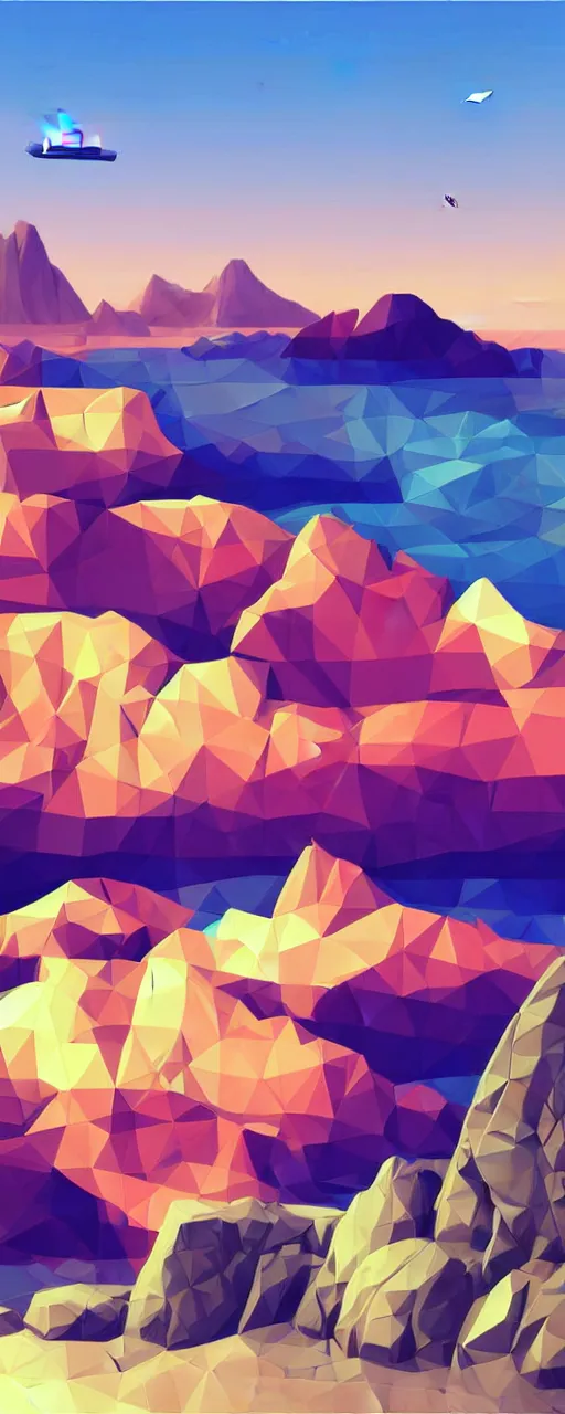 Image similar to super detailed color cutout lowpoly art, northern sunset with rocks on front, monochrome photorealistic bay in the middle of perspective and mountains at background, big graphic vessel in the middle of composition, unreal engine, high contrast color palette, 3 d render, lowpoly, colorful, digital art, perspective, full volume composition, robb cobb, robert mccall, syd mead