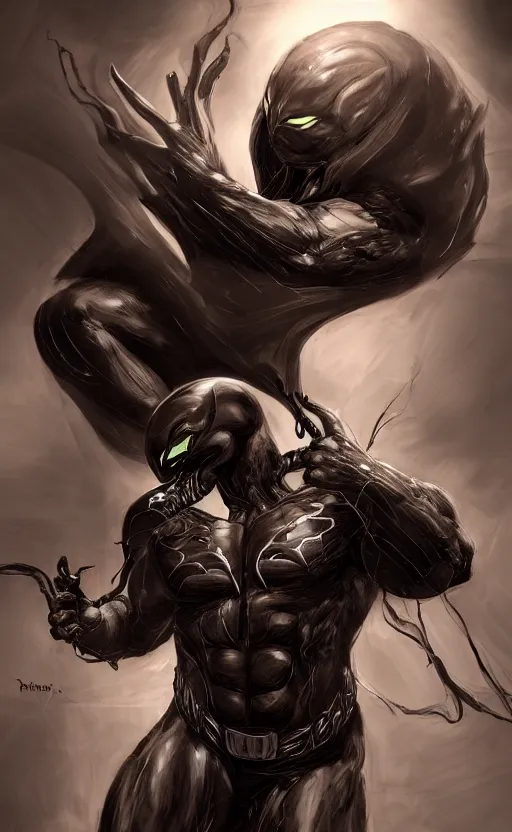 Image similar to venom as batman, dynamic lighting, photorealistic fantasy concept art, trending on art station, stunning visuals, terrifying, creative, cinematic