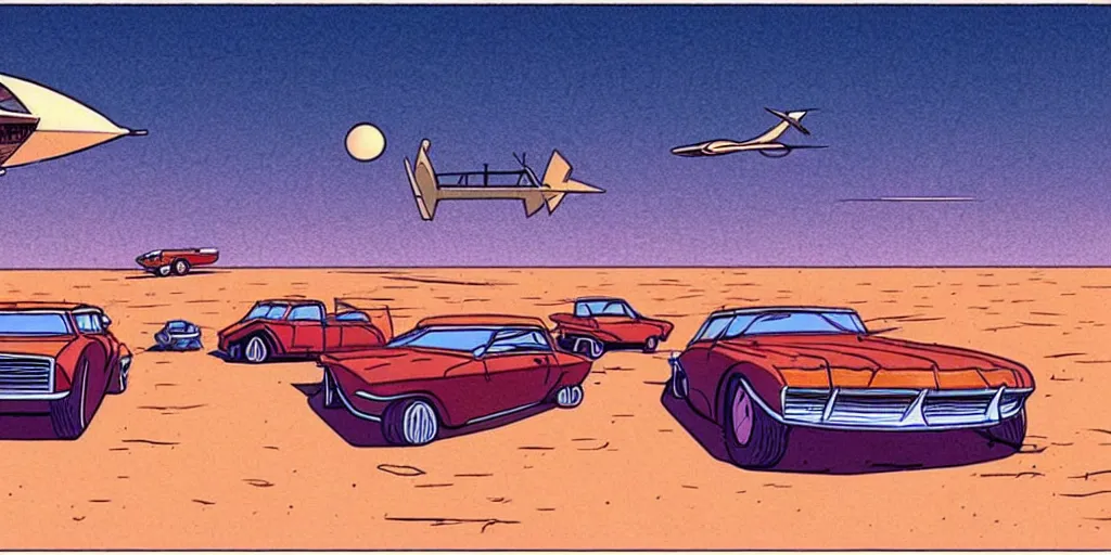 Image similar to vintage cars in a desert, cartoon, moebius style