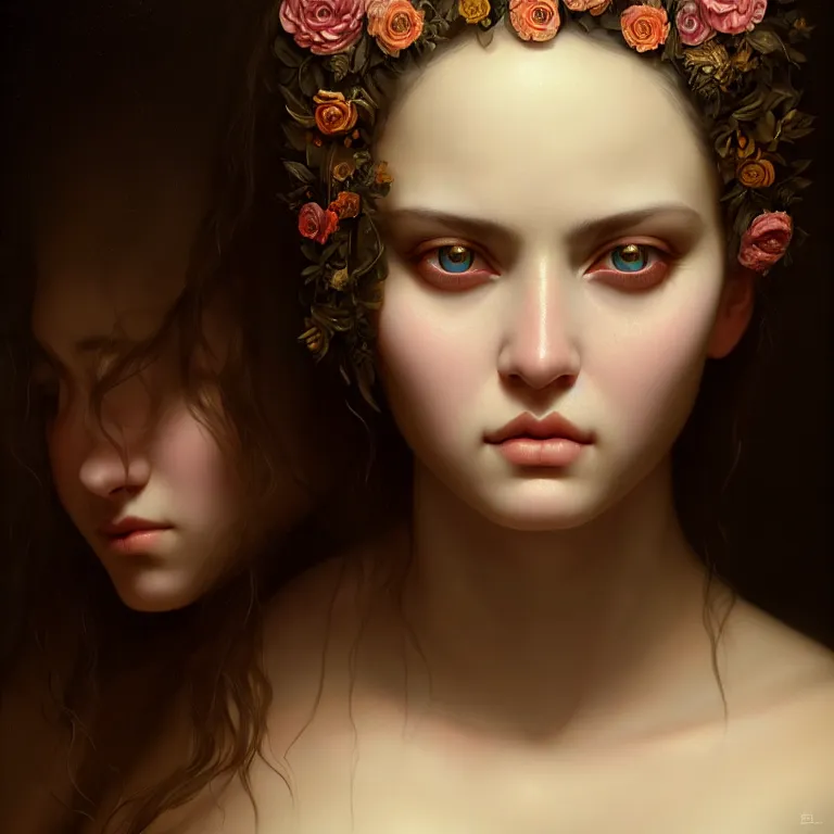 Image similar to epic professional symmetrical digital art of sweet eyes, clear skin, accent lighting, painted, intricate, detailed, cheery, fun, effervescent, by roberto ferri, epic, stunning, gorgeous, much wow, much detail, cinematic, masterpiece, unreal engine render