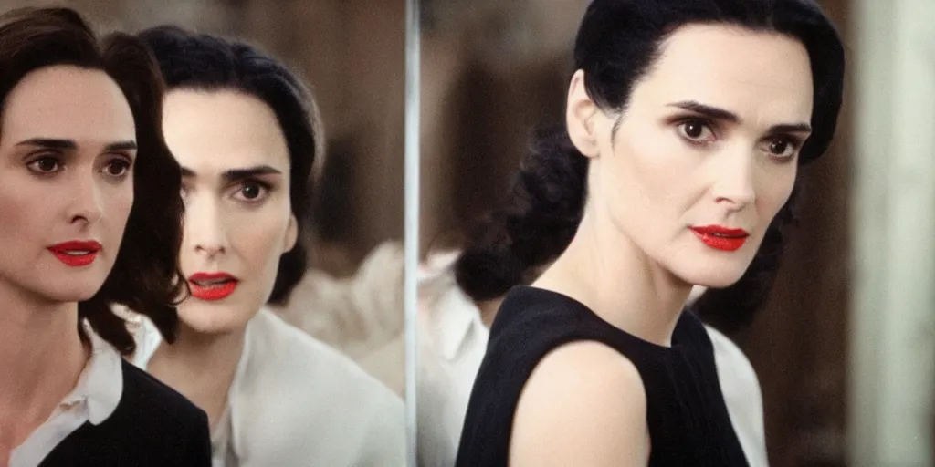 Prompt: ultra wide angle photo of winona ryder dressed in a white blouse and black dress pants as diana prince looking at herself in a bathroom mirror and seeing her reflection as wonder woman