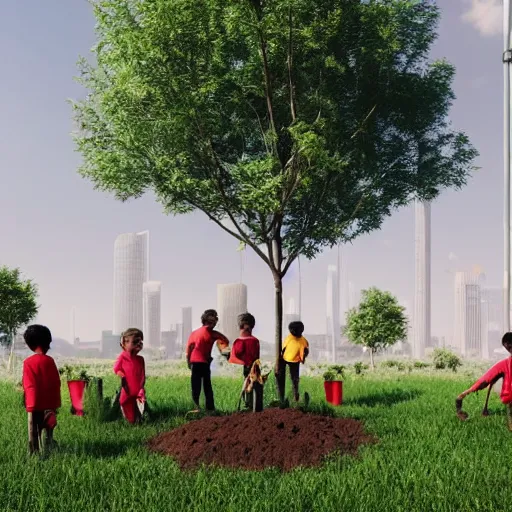 Prompt: a group of children planting trees in front of a clean white sci fi containment building with a utopian city in the distance, hyper realistic, 4 k, hd, artstaion, harsh light, overhead shot