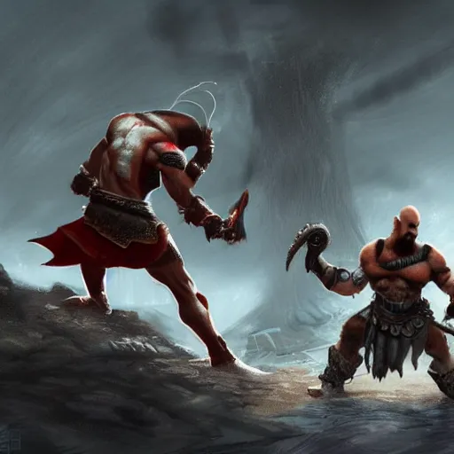 Prompt: concept art kratos vs aliens, wide shot