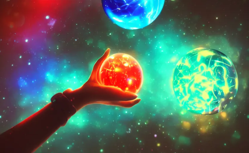 Prompt: enchanted castle, pro - vida, cosmic integration, closeup of a hand holding spheres of power, cosmic color scheme, macro up view, neon, glow, darkness, dramatic, sharp focus, octane render, imax