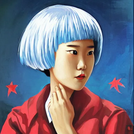 Image similar to “ rei ayanami north korean propaganda poster, award winning, oil painting ”