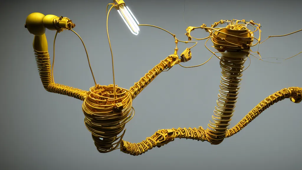 Image similar to a complex bifurcated robotic cnc surgical arm hybrid 3 d printer machine making organic ceramic kintsugi mandlebulb forms in the laboratory room, very thin gold wire, film still from the movie directed by denis villeneuve with art direction by salvador dali, wide lens, f 3 2, cinematic lighting, studio quality, smooth render, unreal engine 5 rendered, octane rendered