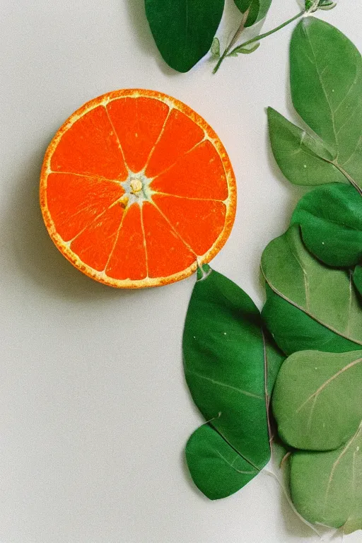 Prompt: minimalist boho style art of an orange with green leaves on white background