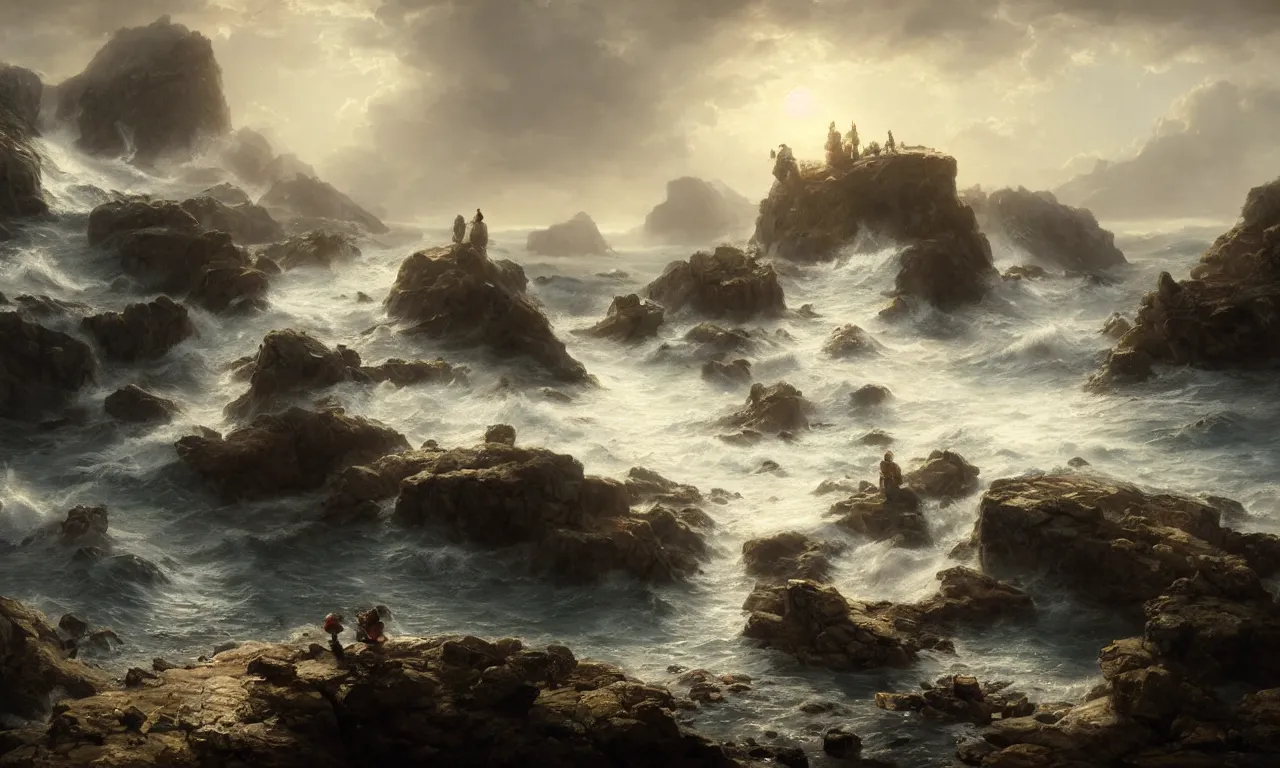 Prompt: crashing on the rocks of cursed island. andreas achenbach, artgerm, mikko lagerstedt, zack snyder, tokujin yoshioka