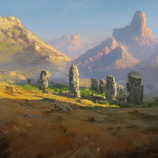 Image similar to concept art by craig mullins : an italian landscape in bright daylight. soft rolling hills in the foreground. in the distance a small mesa of white marble can be seen. a stone henge is standig atop of the cliff