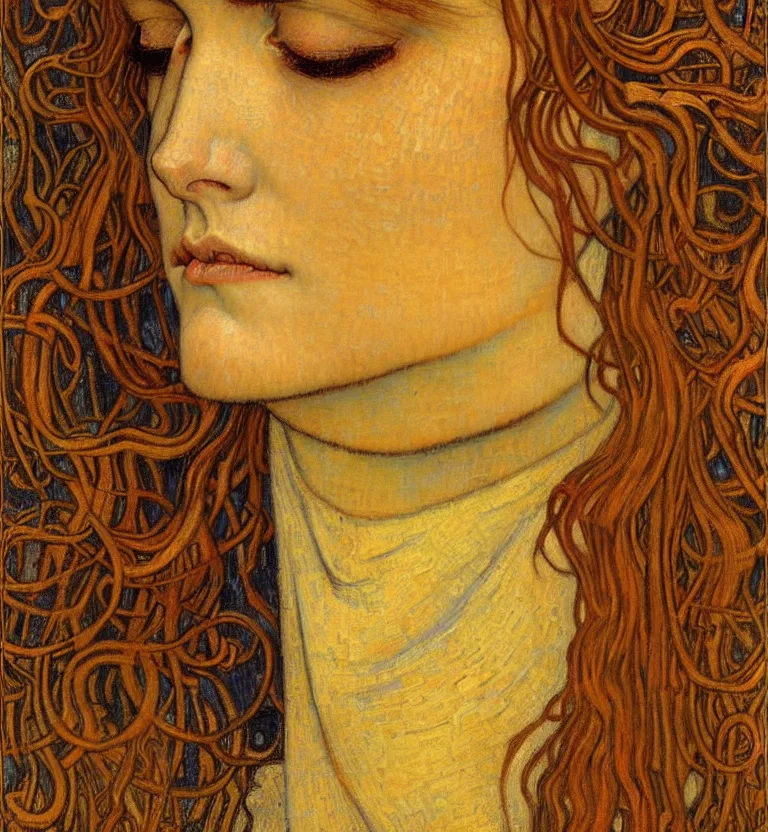 Image similar to detailed realistic beautiful young medieval queen face portrait by jean delville, gustav klimt and vincent van gogh, art nouveau, symbolist, visionary, gothic, pre - raphaelite, muted earthy colors, desaturated