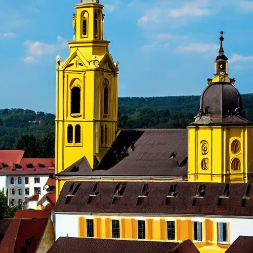 Image similar to a large yellow building with a steeple on top of it, on a hill, a flemish baroque by karl stauffer - bern, unsplash, heidelberg school, panorama, wimmelbilder, romanesque, danube school, pixabay contest winner