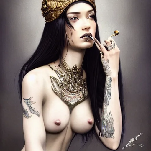 Prompt: an attractive young tattooed female with piercings wearing an white ornate metallic helmet, naomi campbell, olive skin, long dark hair, beautiful bone structure, intricate, elegant, highly detailed, digital painting, artstation, concept art, smooth, sharp focus, illustration, art by artgerm and greg rutkowski and alphonse mucha