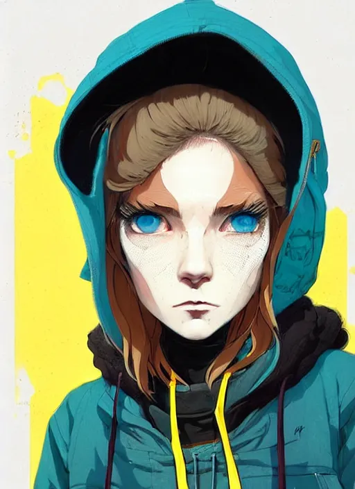 Image similar to highly detailed portrait of a street punk lady student, blue eyes, parka hoodie, hat, white hair by atey ghailan, by greg rutkowski, by greg tocchini, by james gilleard, by joe fenton, by kaethe butcher, gradient yellow, black, brown and cyan blue color scheme, grunge aesthetic!!! ( ( graffiti tag wall background ) )