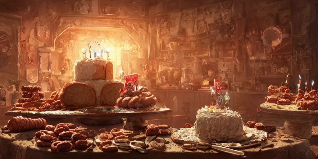 Image similar to Intricate detailed illustration, birthday cake decorated with sausages, cinematic lighting, by Sparth and Greg Rutkowski, wide angle, volumetric light scattering, 8k, artstation, concept art,