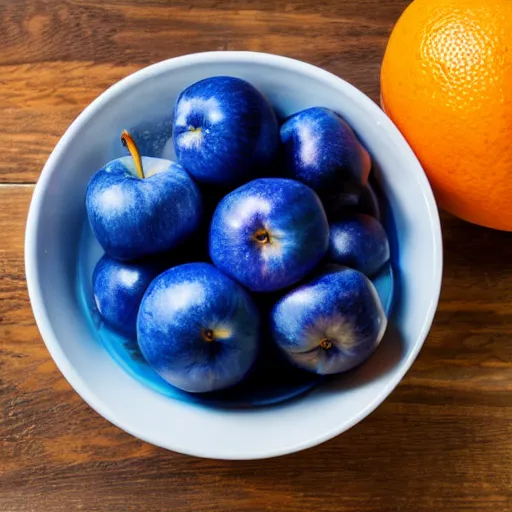 Prompt: A blue apple in a bowl of oranges, 4k, photo, hd,