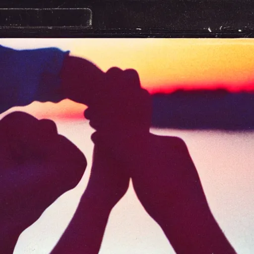 Prompt: vhs video of a couple holding their hands, vhs artifacts, old, 1 9 7 9, nostalgic, sunset, sky, clouds