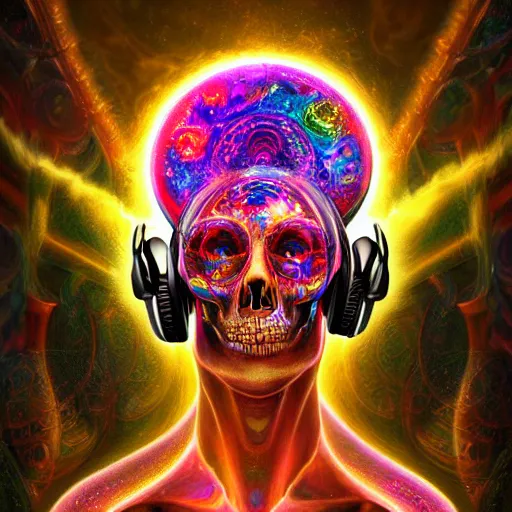 Image similar to portrait of a fantasycore glitchcore pristine skull wearing headphones. intricate abstract. intricate artwork. celestial. psychdelic. prismatic, by josephine wall, by gilbert williams, pixar, ghibli. octane render, CGSociety very coherent symmetrical artwork. cinematic, hyper realism, high detail, octane render, 8k, holographic accents