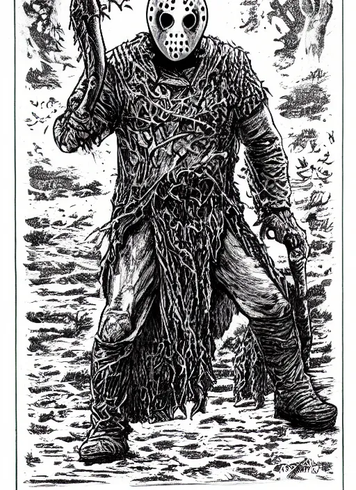 Prompt: jason voorhees as a D&D monster, full body, pen-and-ink illustration, etching, by Russ Nicholson, DAvid A Trampier, larry elmore, 1981, HQ scan, intricate details, Monster Manula, Fiend Folio