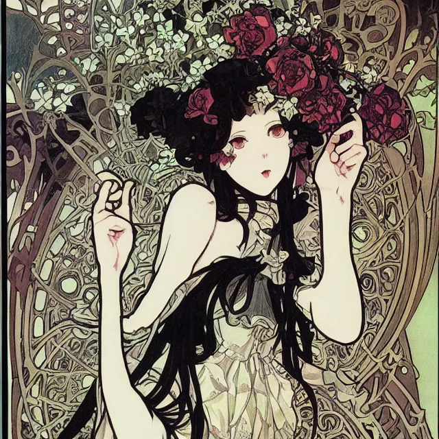 Prompt: gothic lolita and black roses. gouache manga artbook illustration by clamp and alphonse mucha.