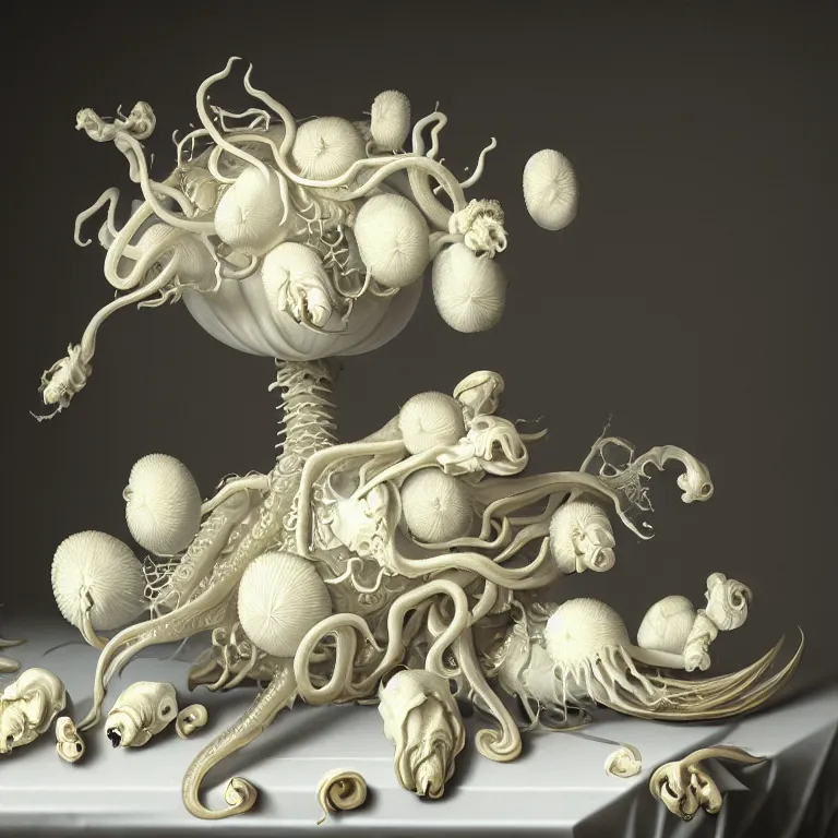 Prompt: still life of white flowers on a table, white alien squid, white octopus, , surreal alien ribbed white fruit, white human spine, baroque painting, beautiful detailed intricate insanely detailed octane render trending on Artstation, 8K artistic photography, photorealistic, chiaroscuro, Raphael, Caravaggio