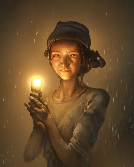 Image similar to a coalminer woman covered in coal dust in a mine lit by kerosene lamps, pioneer work, scary cave lighting, detailed face, by makoto shinkai, stanley artgerm lau, wlop, rossdraws