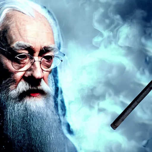 Image similar to Dumbledore sitting in on a toilet smoking a cigarette, front facing photo, realistic