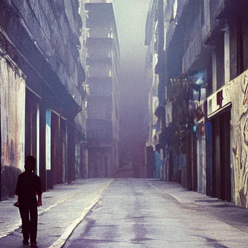 Image similar to empty street, mayan jaguar warrior, portrait, at dawn, by nan goldin, cinematography by quetzalcoatl