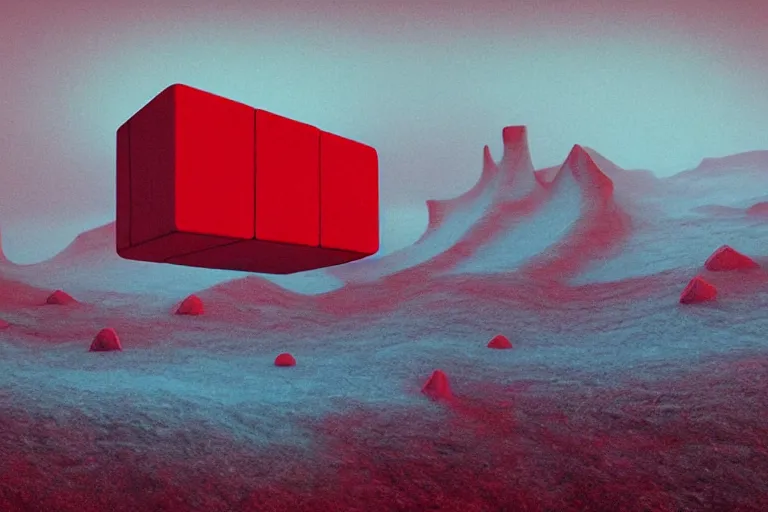 Image similar to a hd render of a surreal frozen landscape, cinematic lighting, by beeple and zdzisław beksinski, hovering red cube