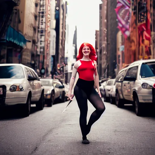 Image similar to a girl with a giant smile:: red hair:: freckles:: septum jewelry:: fair skin:: tattered ballet clothes:: she is holding a large sword:: standing in a busy street:: in New York city:: wide angle:: tilt shift lens:: full body:: long shot:: volumetric lighting:: cinematic:: 8K:: octane render:: trending on artstation:: hyper realistic:: photo realistic:: extreme detail::