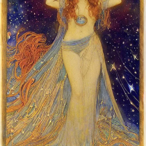 Image similar to the queen of the moon and the stars in full regalia, by Annie Swynnerton and jean delville and Edmund Dulac and Tino Rodriguez, elaborately costumed, rich color, dramatic cinematic lighting, extremely detailed