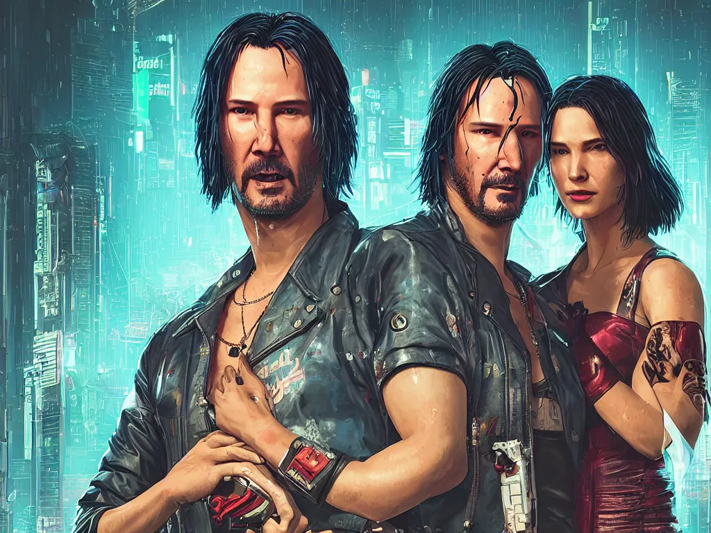 Image similar to a cyberpunk 2077 couple portrait of Keanu Reeves as Johnny Silver hand and female V in daily life ,love story, pray, hug, hold, kiss, film lighting, by Laurie Greasley, William Morris, Dan Mumford, John Wick, Speed, Replicas, Destination Wedding, The Lake House, artstation, full of color, Digital painting, face enhance, highly detailed,8K, octane, golden ratio, cinematic lighting