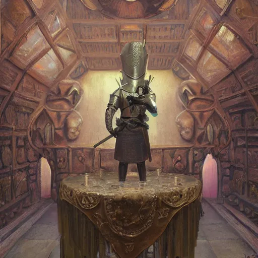 Prompt: knight armor, anthropomorphic shiba inu face, knight round table in tavern,, stuning 3 d render, masterpiece, glowing aura, by donato giancola and greg rutkowski and wayne barlow and zdzisław beksinski, realistic face